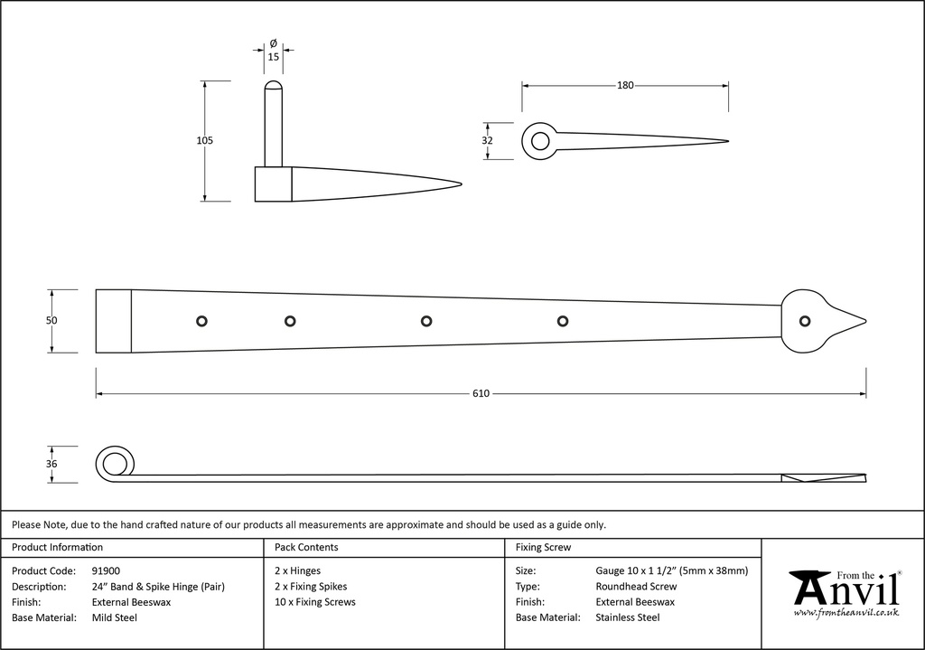 External Beeswax 24&quot; Band &amp; Spike Hinge (Pair) - 91900 - Technical Drawing