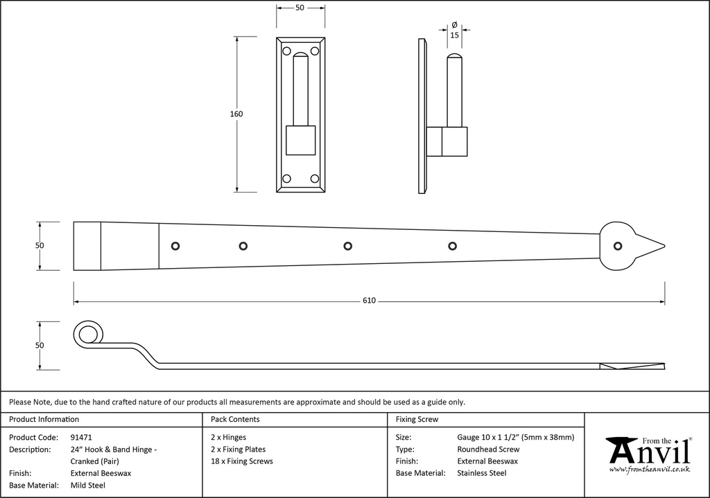 External Beeswax 24&quot; Hook &amp; Band Hinge - Cranked (pair) - 91471 - Technical Drawing