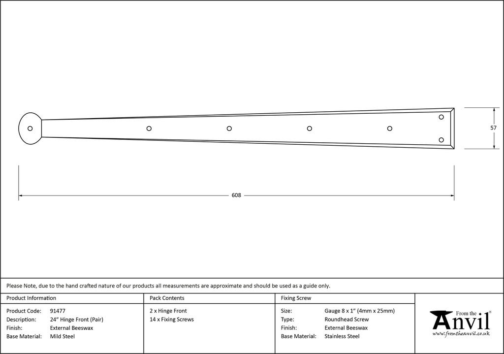 External Beeswax 24&quot; Penny End Hinge Front (pair) - 91477 - Technical Drawing