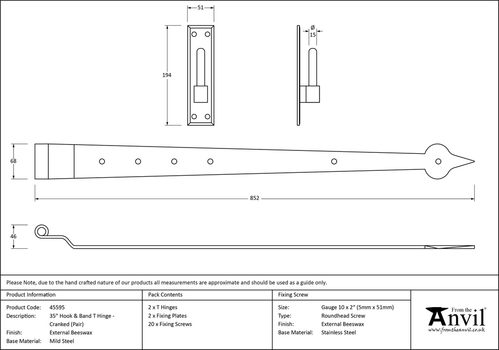 External Beeswax 35&quot; Hook &amp; Band Hinge - Cranked (pair) - 45595 - Technical Drawing