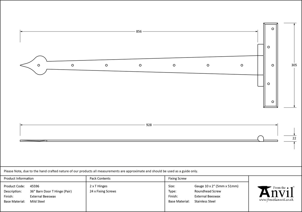 External Beeswax 36&quot; Barn Door T Hinge (pair) - 45596 - Technical Drawing