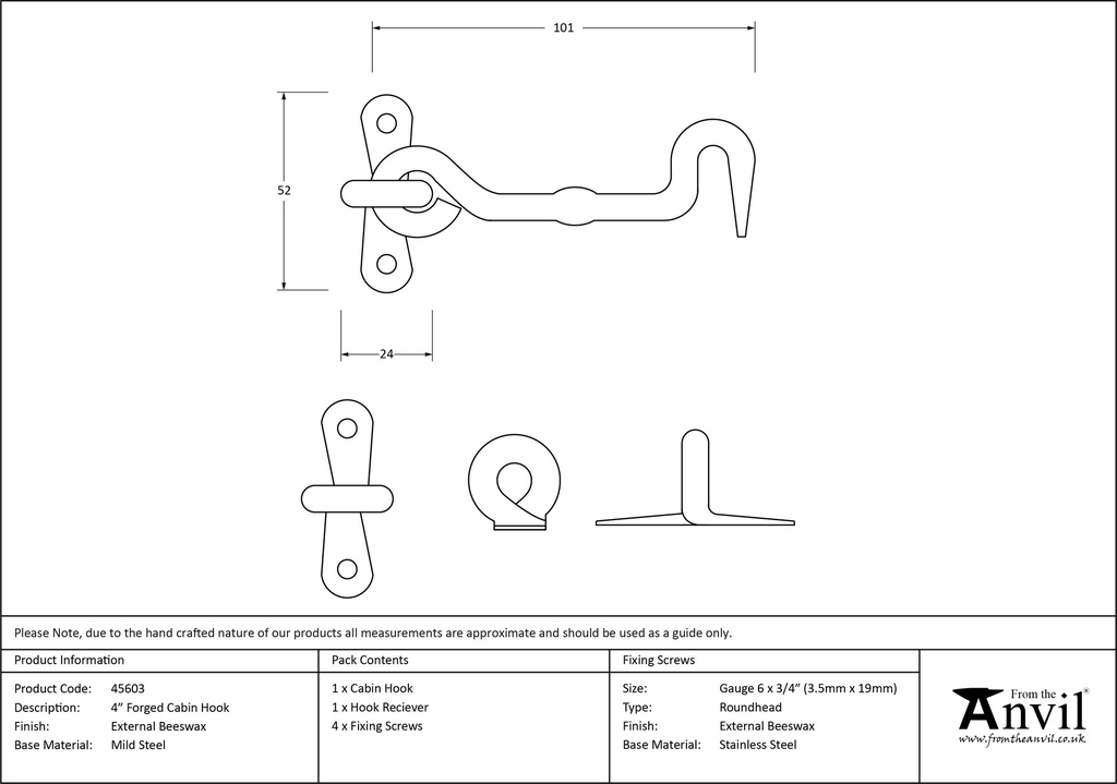 External Beeswax 4&quot; Forged Cabin Hook - 45603 - Technical Drawing