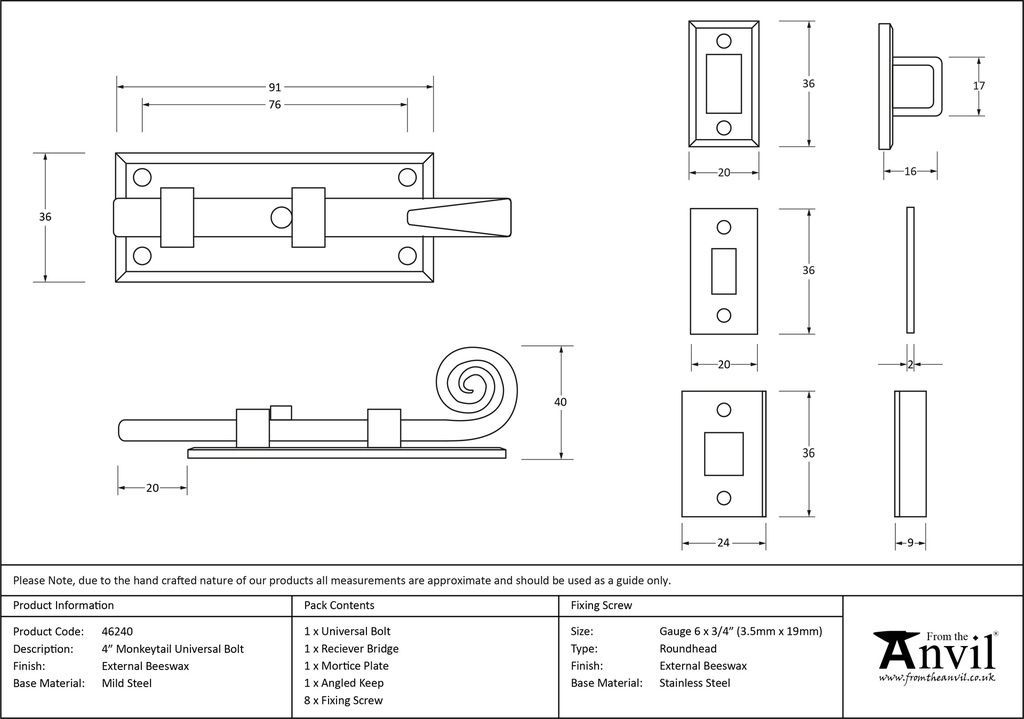 External Beeswax 4&quot; Monkeytail Universal Bolt - 46240 - Technical Drawing
