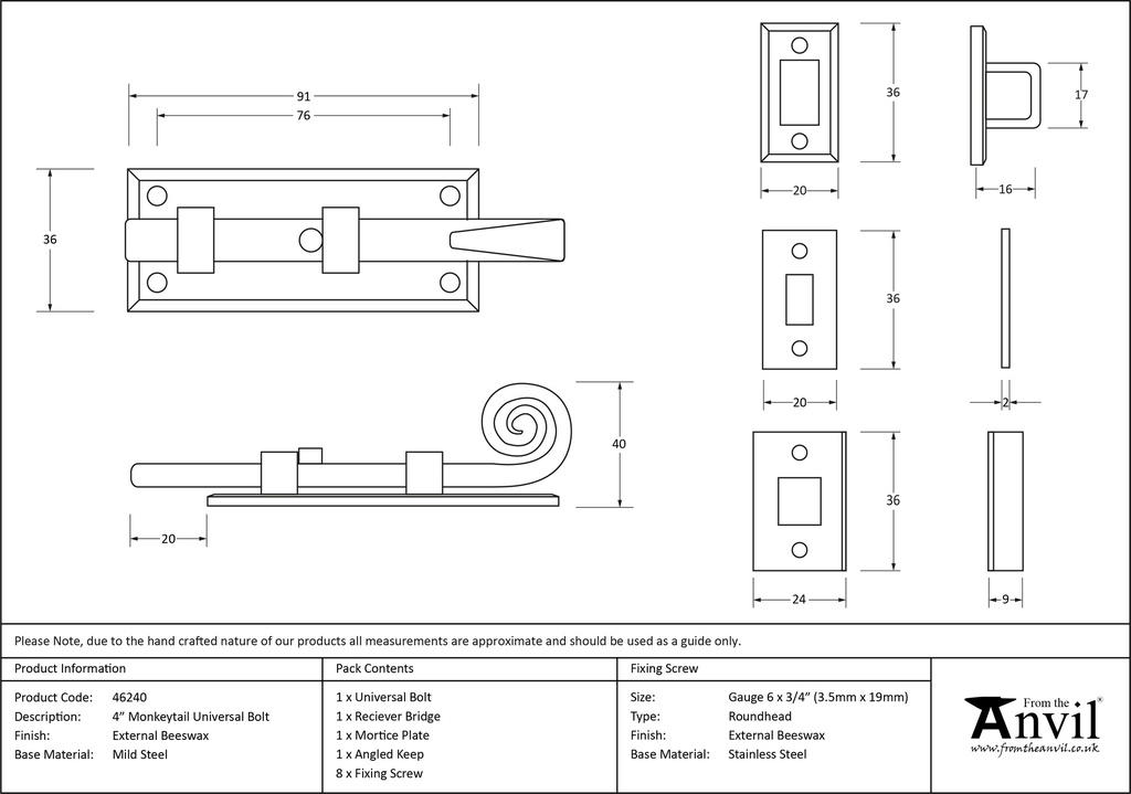 External Beeswax 4" Monkeytail Universal Bolt - 46240 - Technical Drawing