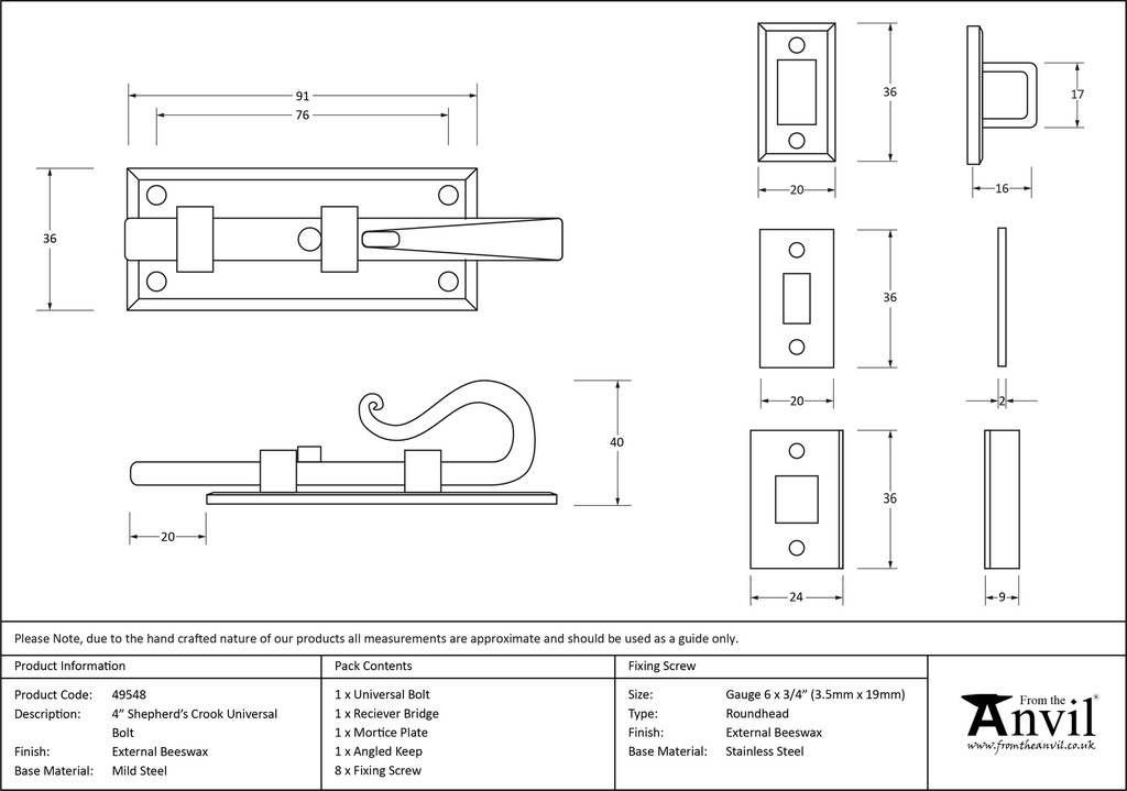 External Beeswax 4&quot; Shepherd's Crook Universal Bolt - 49548 - Technical Drawing