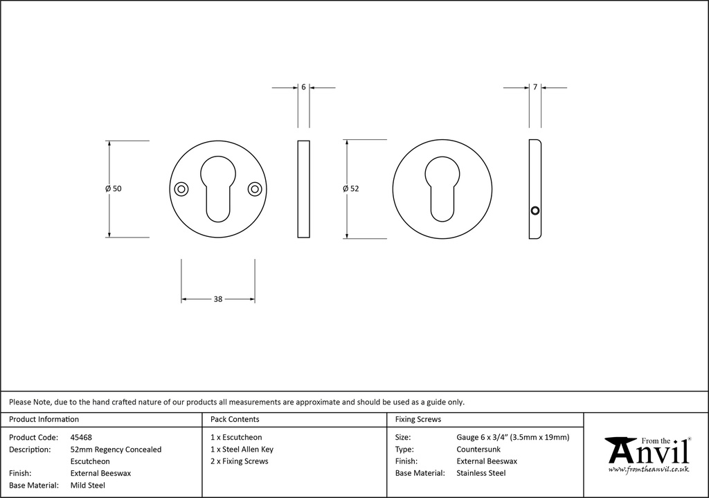 External Beeswax 52mm Regency Concealed Escutcheon - 45468 - Technical Drawing