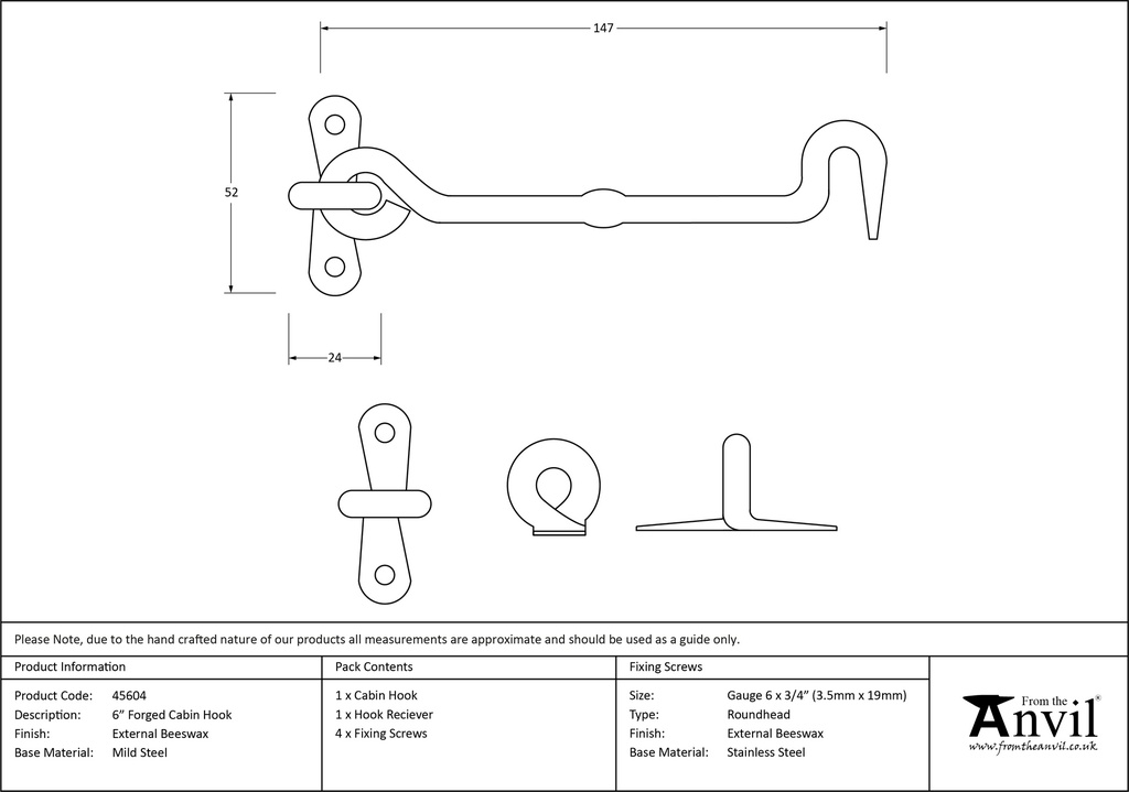 External Beeswax 6&quot; Forged Cabin Hook - 45604 - Technical Drawing