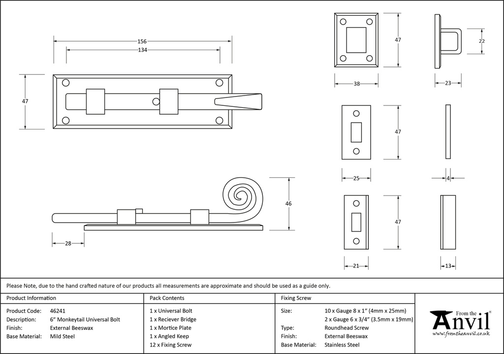 External Beeswax 6" Monkeytail Universal Bolt - 46241 - Technical Drawing