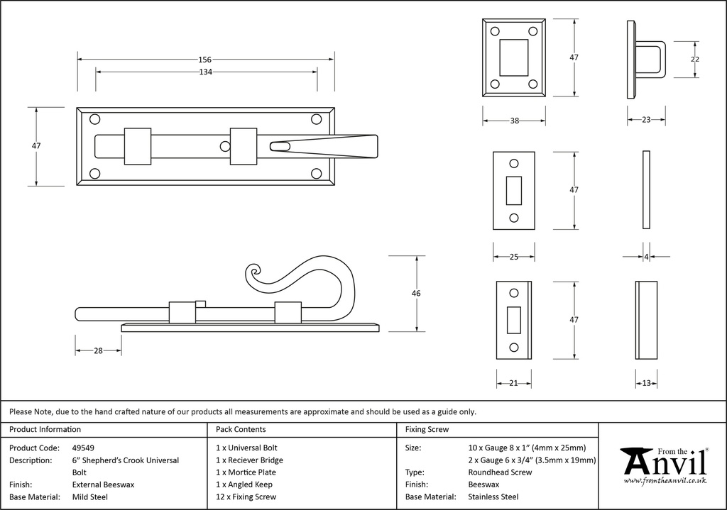 External Beeswax 6&quot; Shepherd's Crook Universal Bolt - 49549 - Technical Drawing