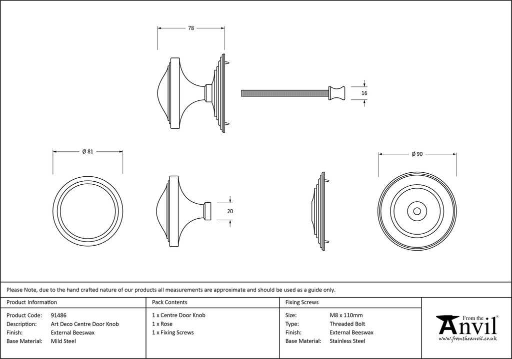 External Beeswax Art Deco Centre Door Knob - 91486 - Technical Drawing