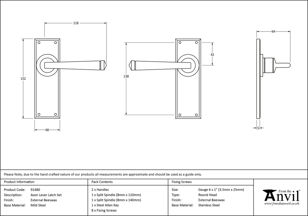 External Beeswax Avon Lever Latch Set - 91480 - Technical Drawing