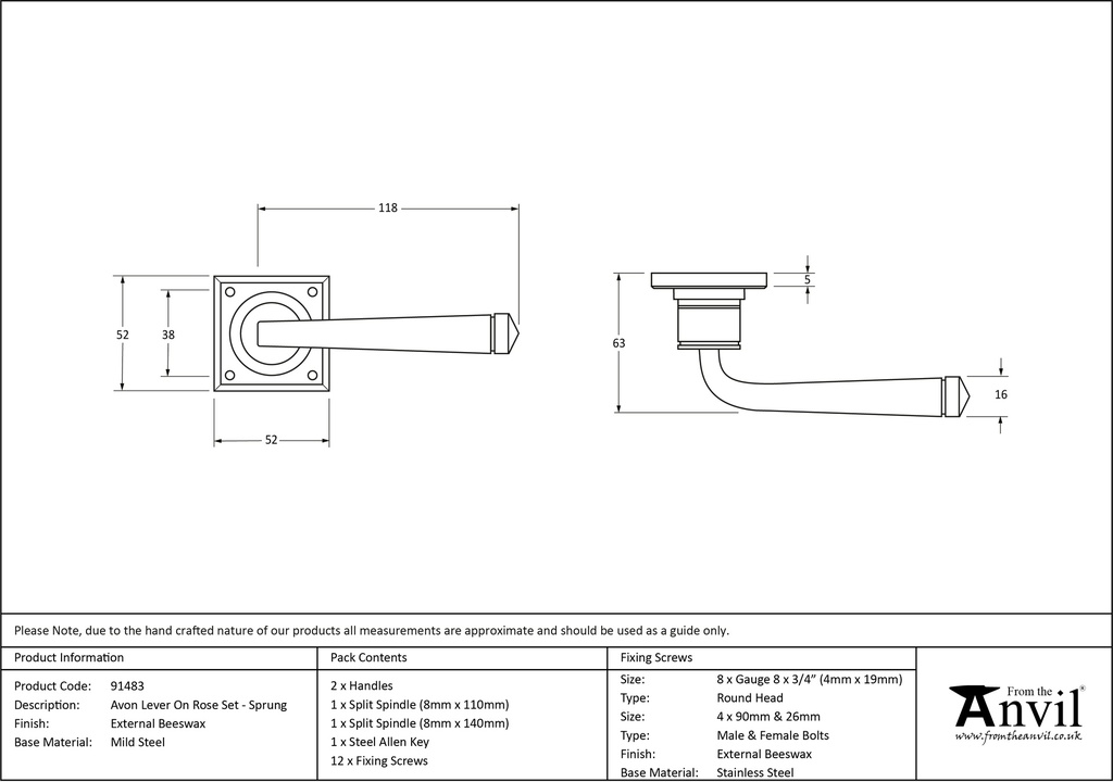 External Beeswax Avon Lever on Rose Set Sprung - 91483 - Technical Drawing
