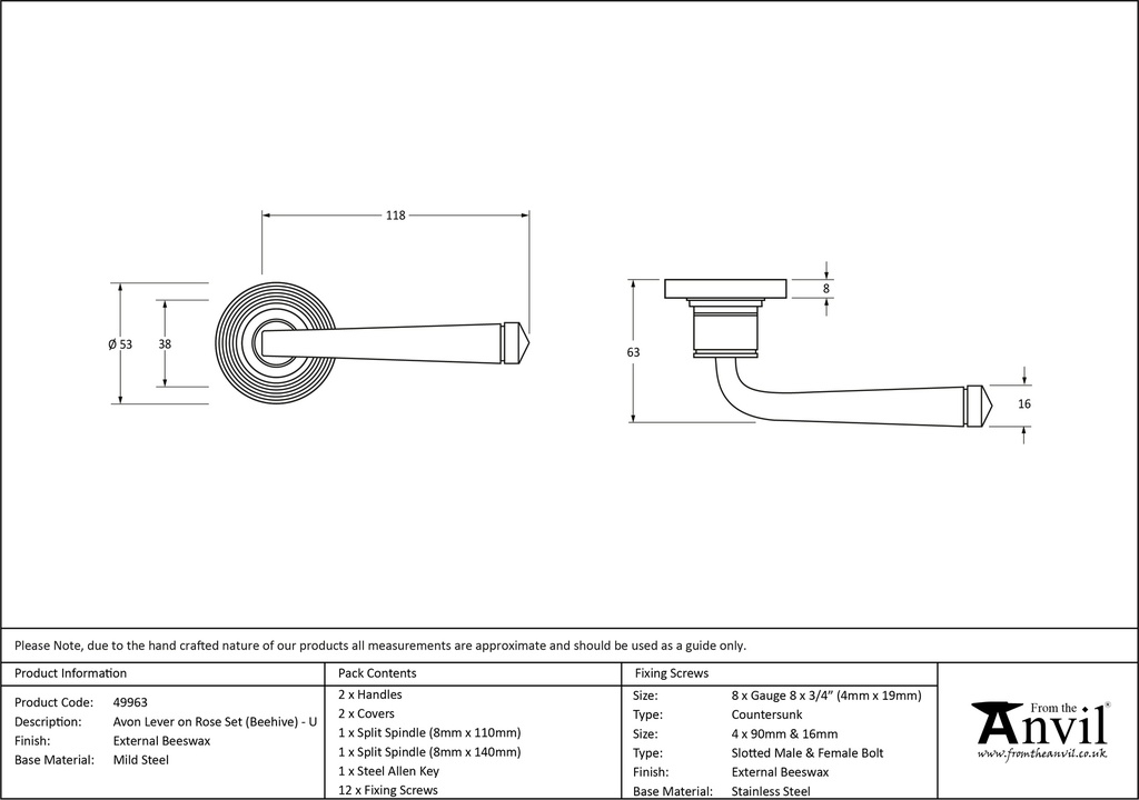 External Beeswax Avon Round Lever on Rose Set (Beehive) - Unsprung - 49963 - Technical Drawing