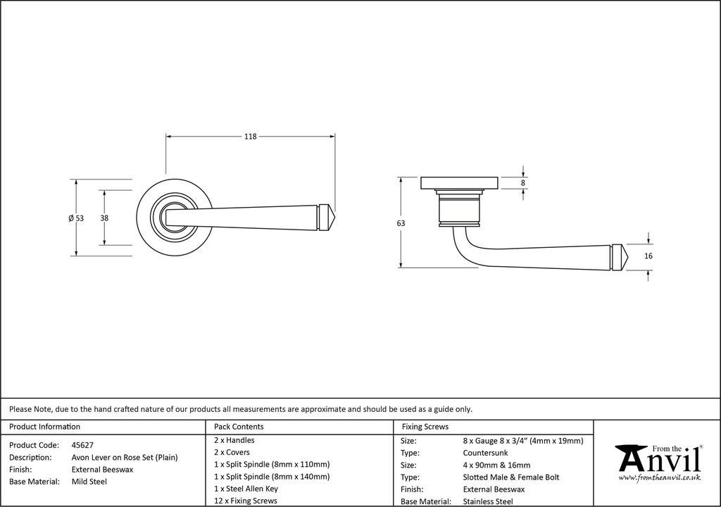 External Beeswax Avon Round Lever on Rose Set (Plain) - 45627 - Technical Drawing