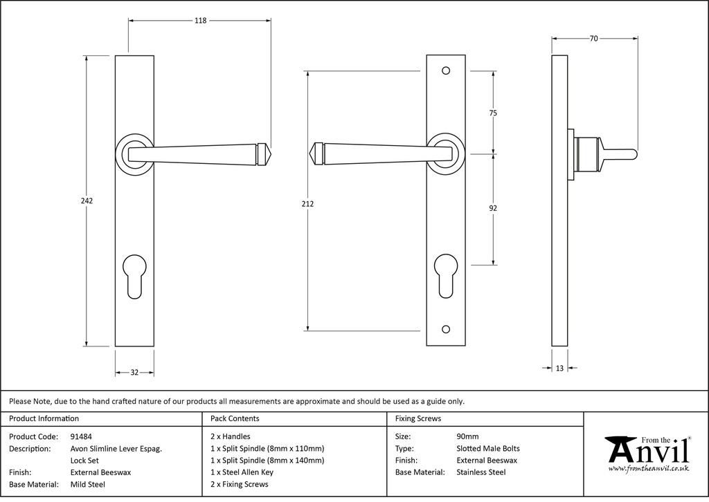 External Beeswax Avon Slimline Lever Espag. Lock Set - 91484 - Technical Drawing