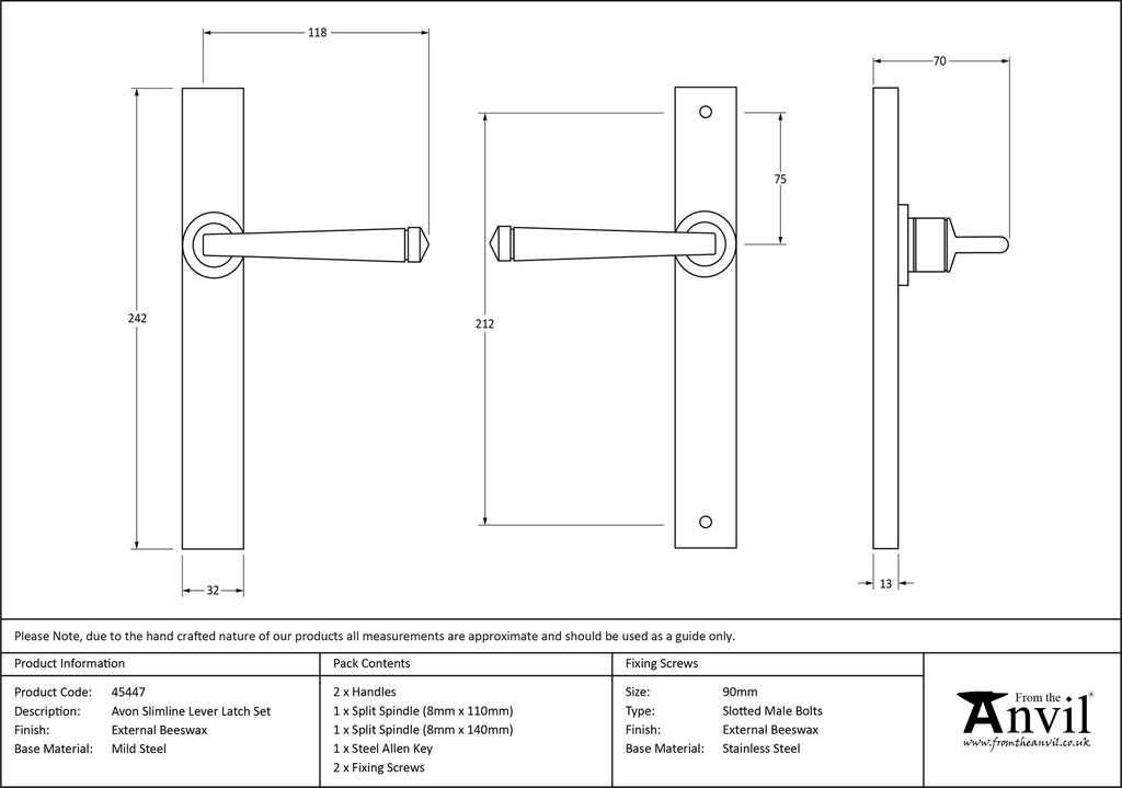 External Beeswax Avon Slimline Lever Latch Set - 45447 - Technical Drawing