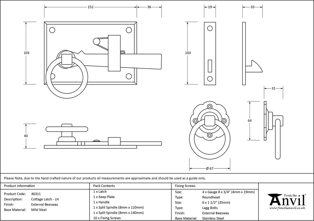 External Beeswax Cottage Latch - LH - 46311 - Technical Drawing