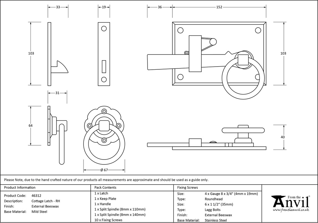 External Beeswax Cottage Latch - RH - 46312 - Technical Drawing