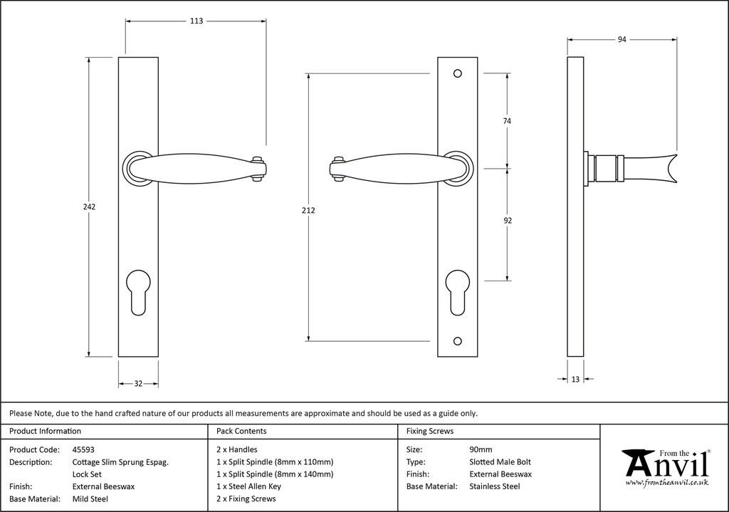 External Beeswax Cottage Slimline Lever Espag. Lock Set - 45593 - Technical Drawing