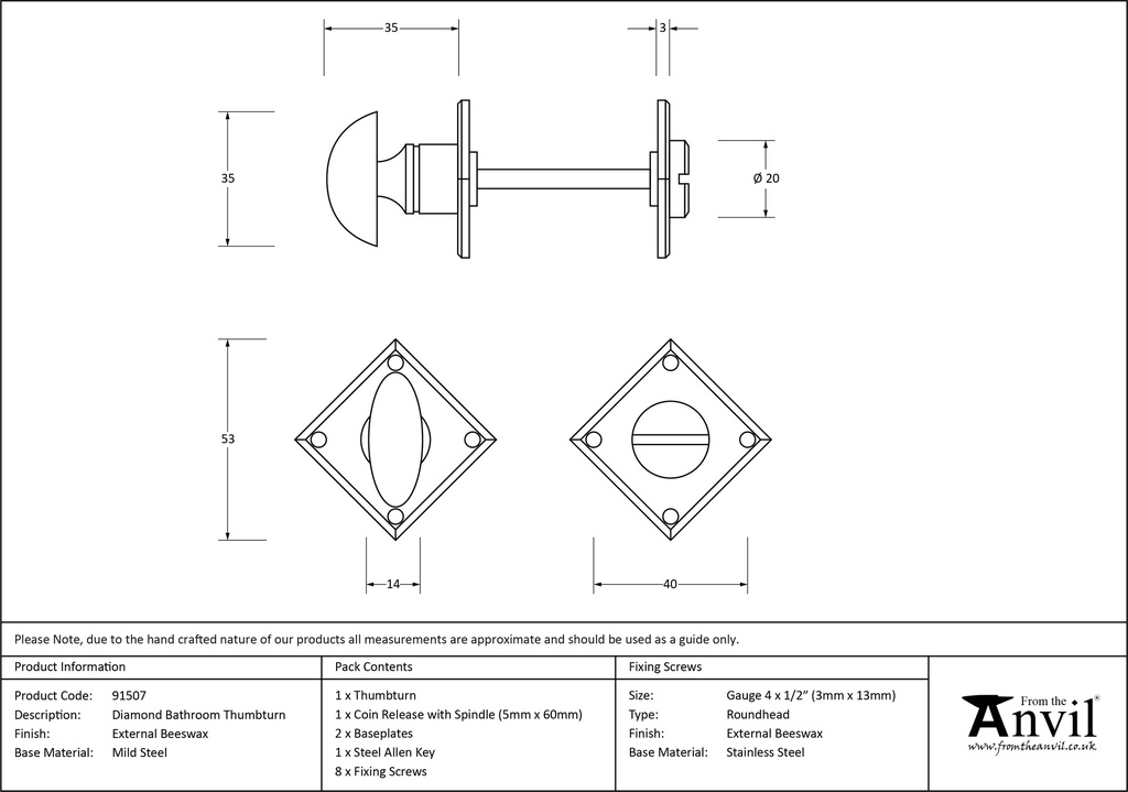 External Beeswax Diamond Bathroom Thumbturn - 91507 - Technical Drawing