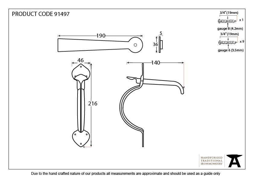 External Beeswax Gothic Thumblatch - 91497 - Technical Drawing