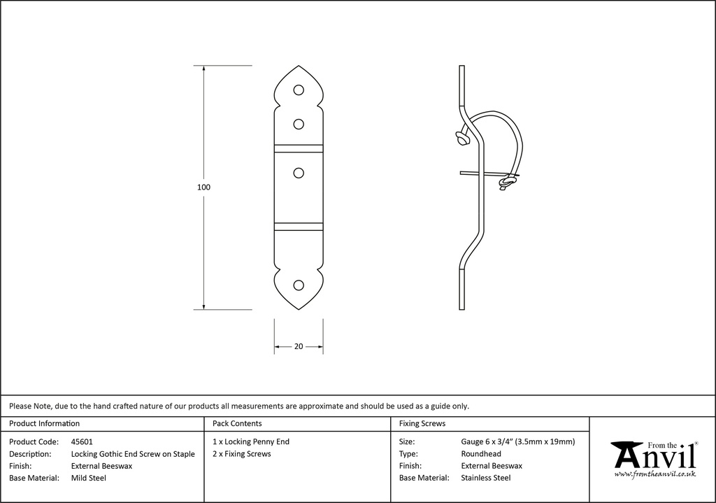 External Beeswax Locking Gothic Screw on Staple - 45601 - Technical Drawing