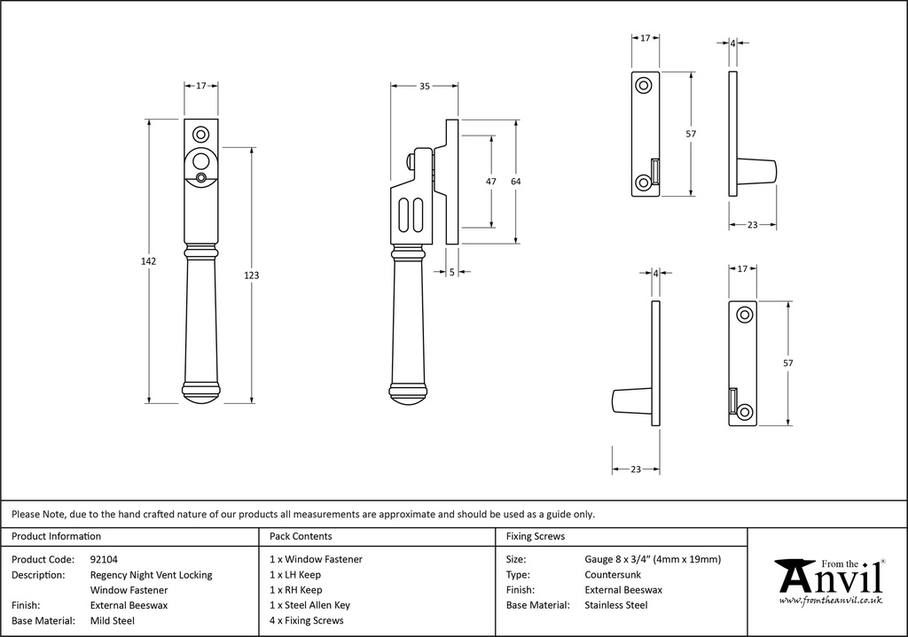 External Beeswax Locking Night-Vent Regency Fastener - 92104 - Technical Drawing