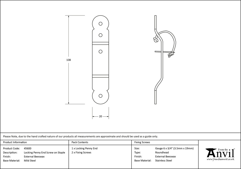 External Beeswax Locking Penny End Screw on Staple - 45600 - Technical Drawing