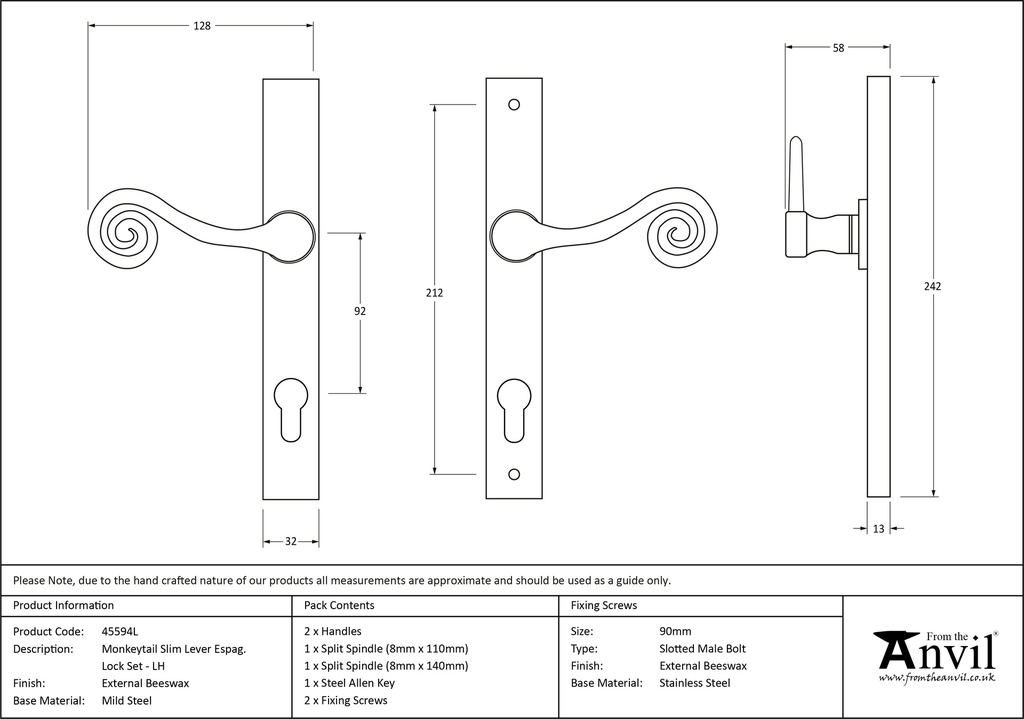 External Beeswax Monkeytail Slim. Lever Espag. Lock Set - LH - 45594L - Technical Drawing