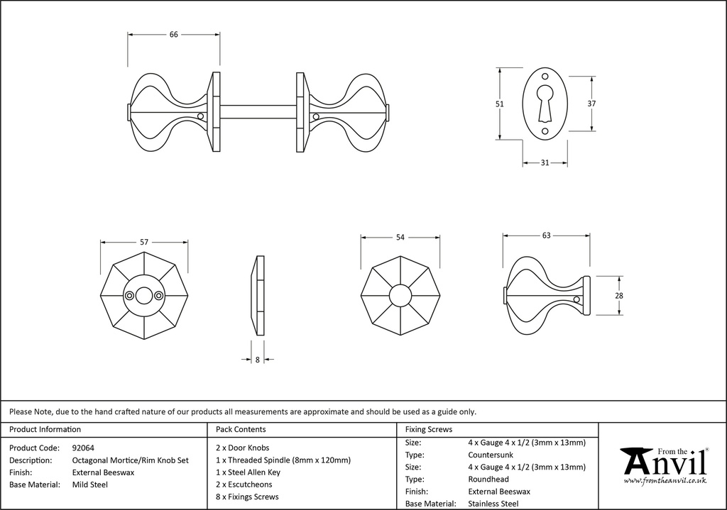 External Beeswax Octagonal Mortice/Rim Knob Set - 92064 - Technical Drawing