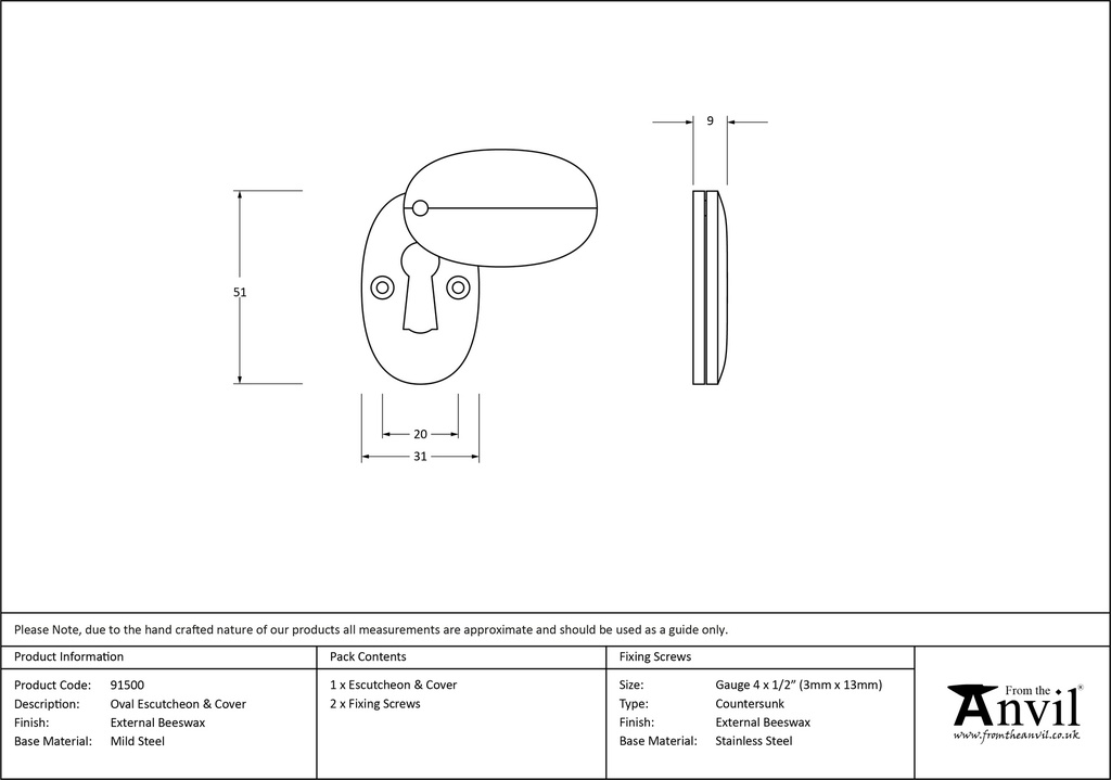 External Beeswax Oval Escutcheon &amp; Cover - 91500 - Technical Drawing