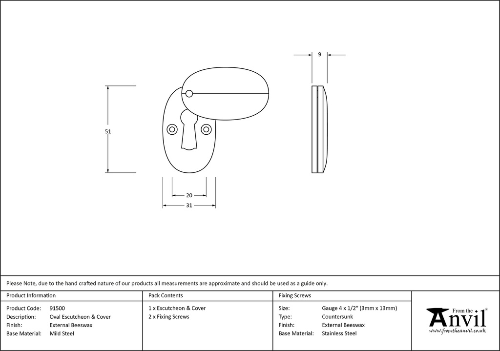 External Beeswax Oval Escutcheon & Cover - 91500 - Technical Drawing