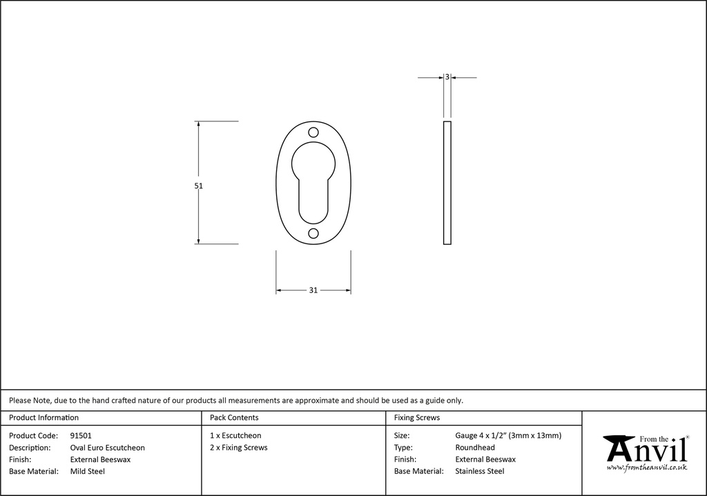 External Beeswax Oval Euro Escutcheon - 91501 - Technical Drawing