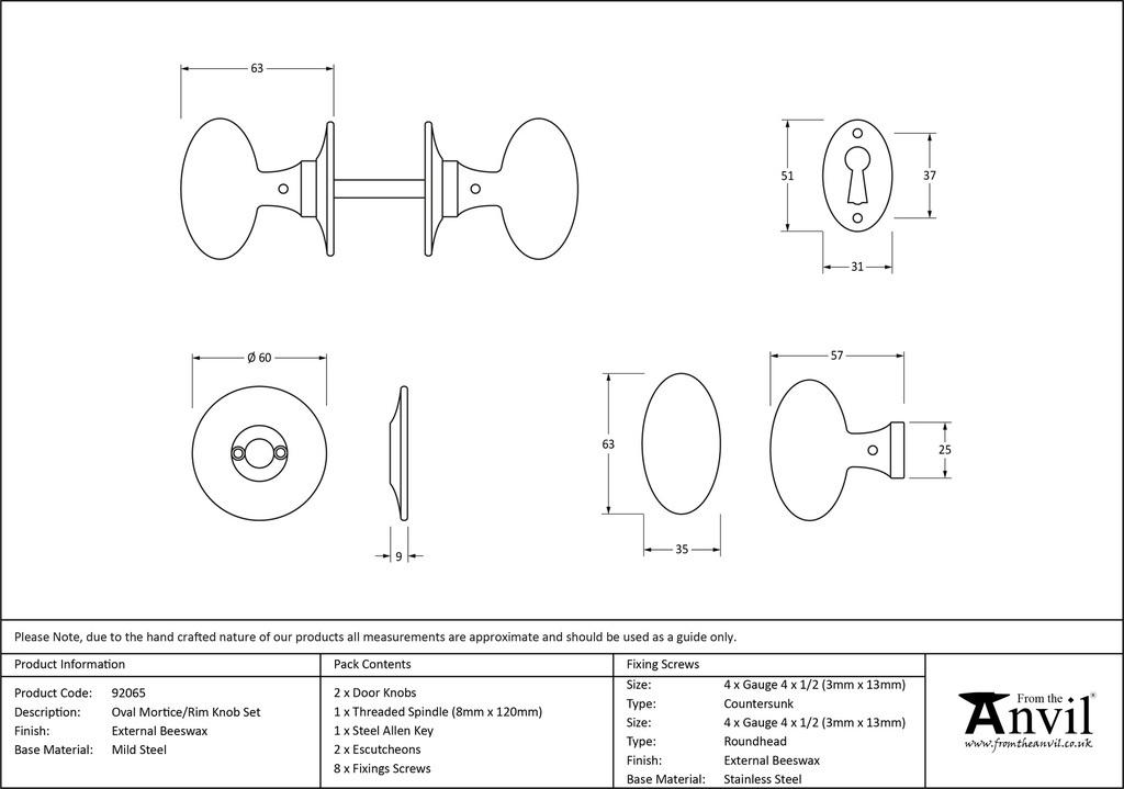 External Beeswax Oval Mortice/Rim Knob Set - 92065 - Technical Drawing