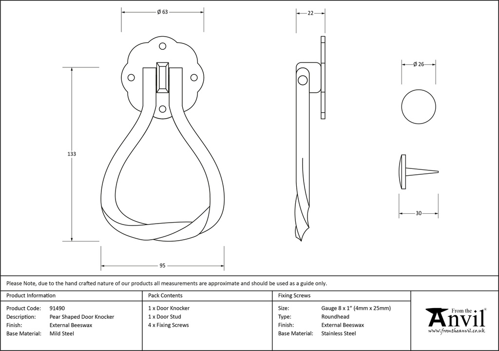 External Beeswax Pear Shaped Door Knocker - 91490 - Technical Drawing