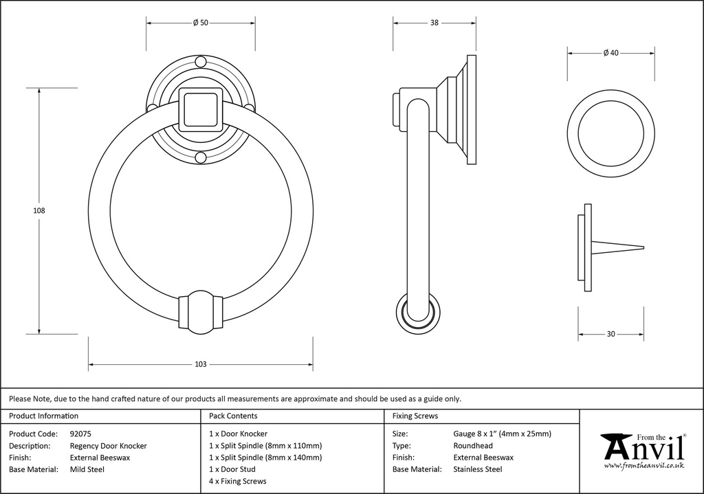 External Beeswax Regency Door Knocker - 92075 - Technical Drawing