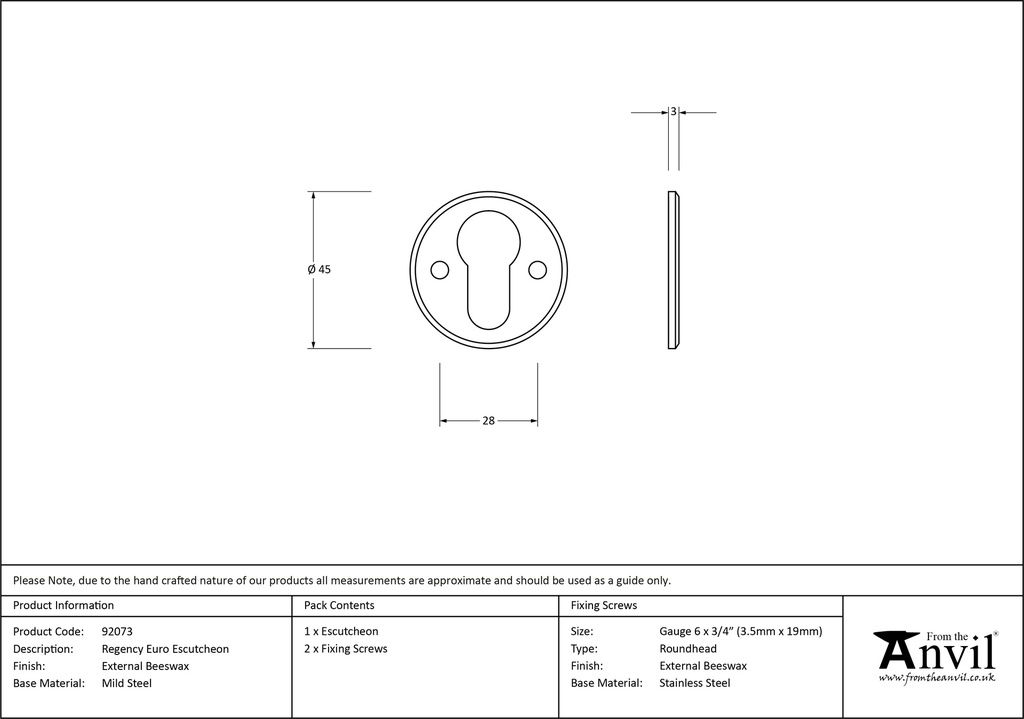 External Beeswax Regency Euro Escutcheon - 92073 - Technical Drawing