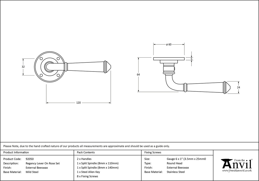 External Beeswax Regency Lever on Rose Set - 92050 - Technical Drawing