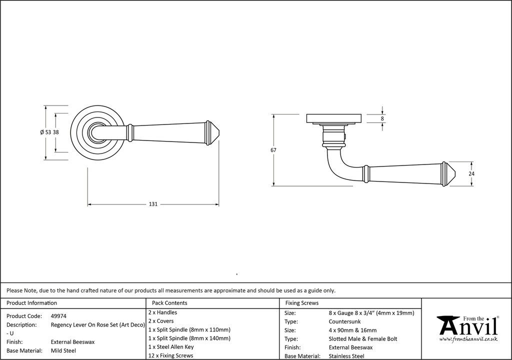 External Beeswax Regency Lever on Rose Set (Art Deco) - Unsprung - 49974 - Technical Drawing