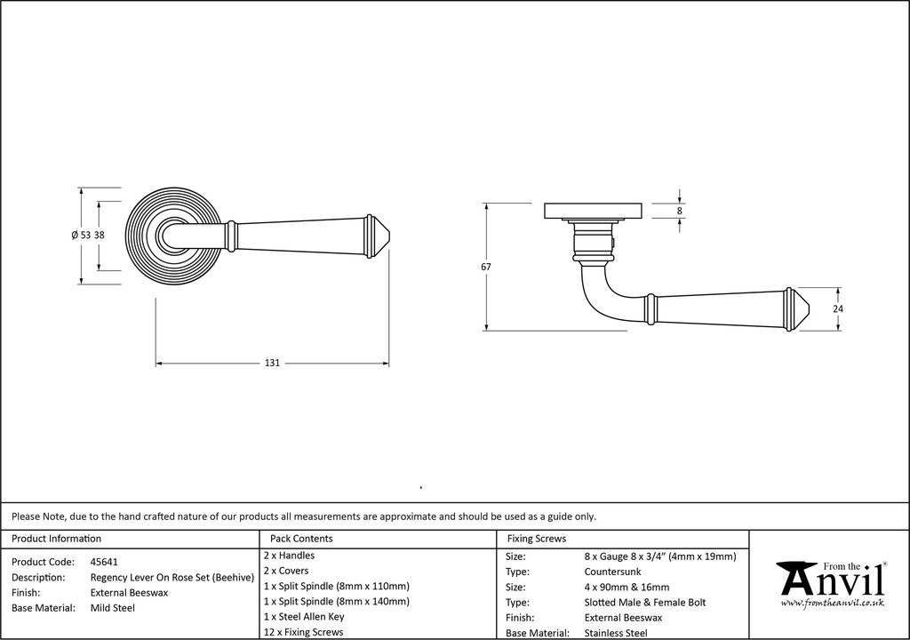 External Beeswax Regency Lever on Rose Set (Beehive) - 45641 - Technical Drawing