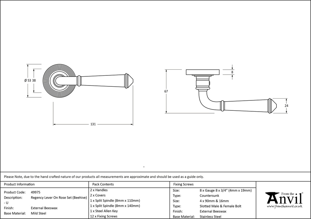 External Beeswax Regency Lever on Rose Set (Beehive) - Unsprung - 49975 - Technical Drawing