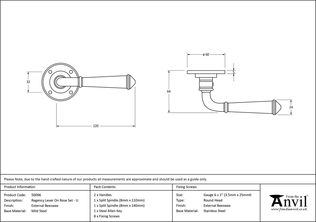 External Beeswax Regency Lever on Rose Set - Unsprung - 50096 - Technical Drawing