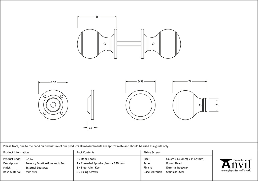 External Beeswax Regency Mortice/Rim Knob Set - 92067 - Technical Drawing