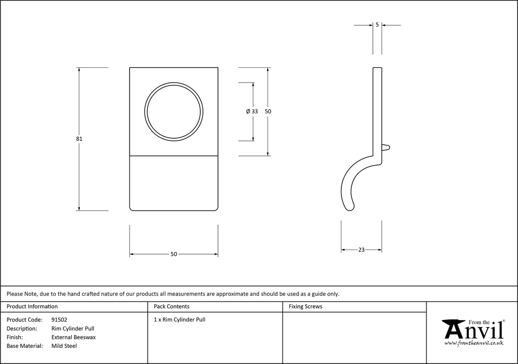 External Beeswax Rim Cylinder Pull - 91502 - Technical Drawing