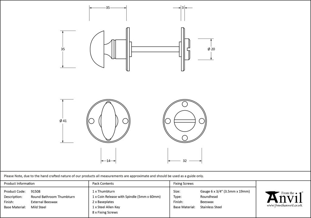 External Beeswax Round Bathroom Thumbturn - 91508 - Technical Drawing