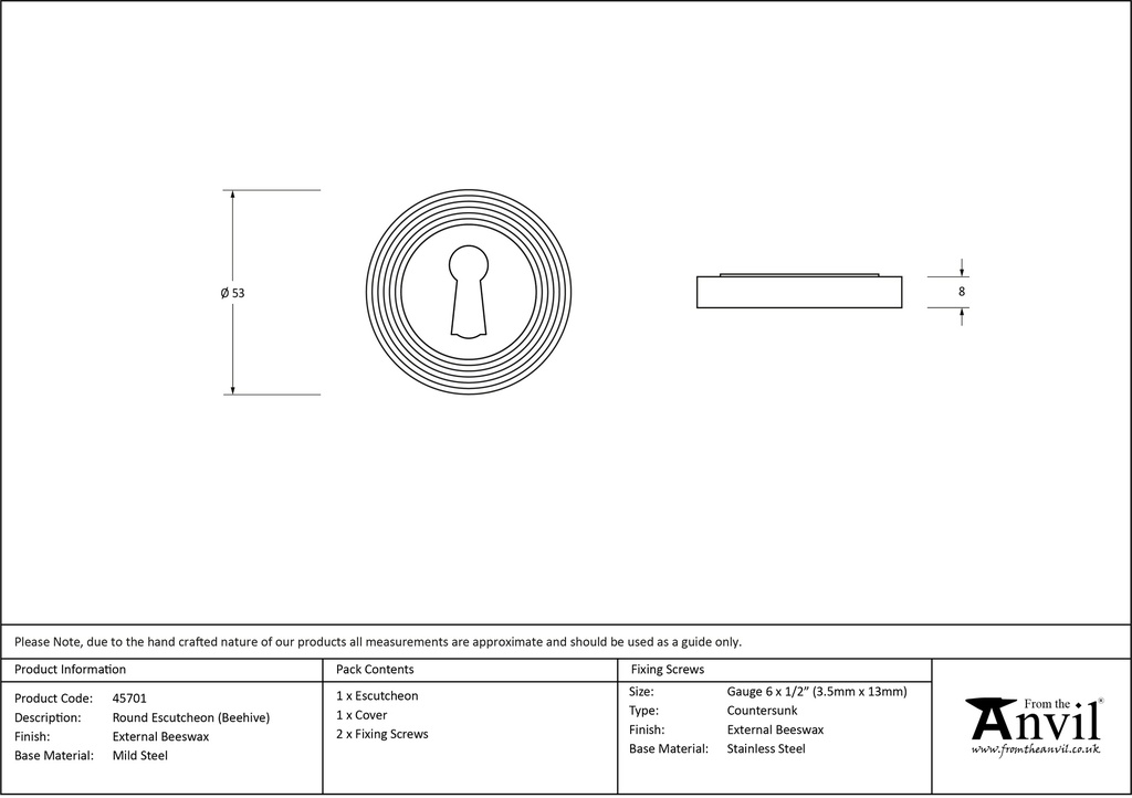 External Beeswax Round Escutcheon (Beehive) - 45701 - Technical Drawing