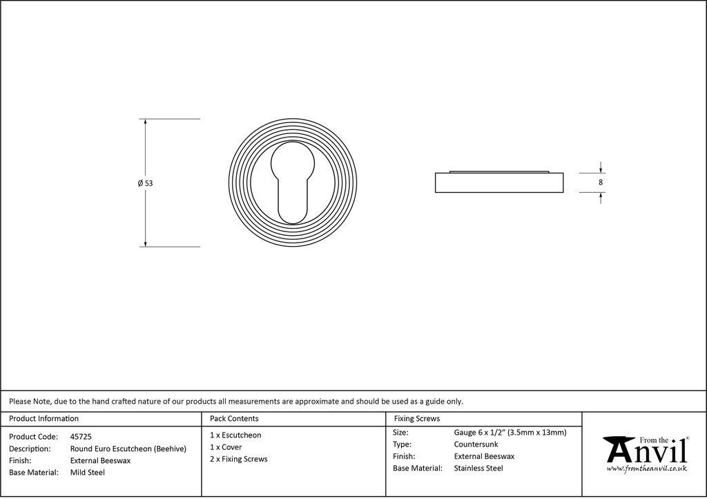 External Beeswax Round Euro Escutcheon (Beehive) - 45725 - Technical Drawing