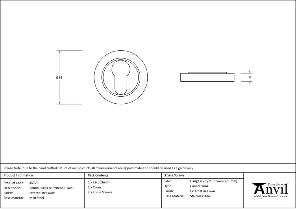 External Beeswax Round Euro Escutcheon (Plain) - 45723 - Technical Drawing