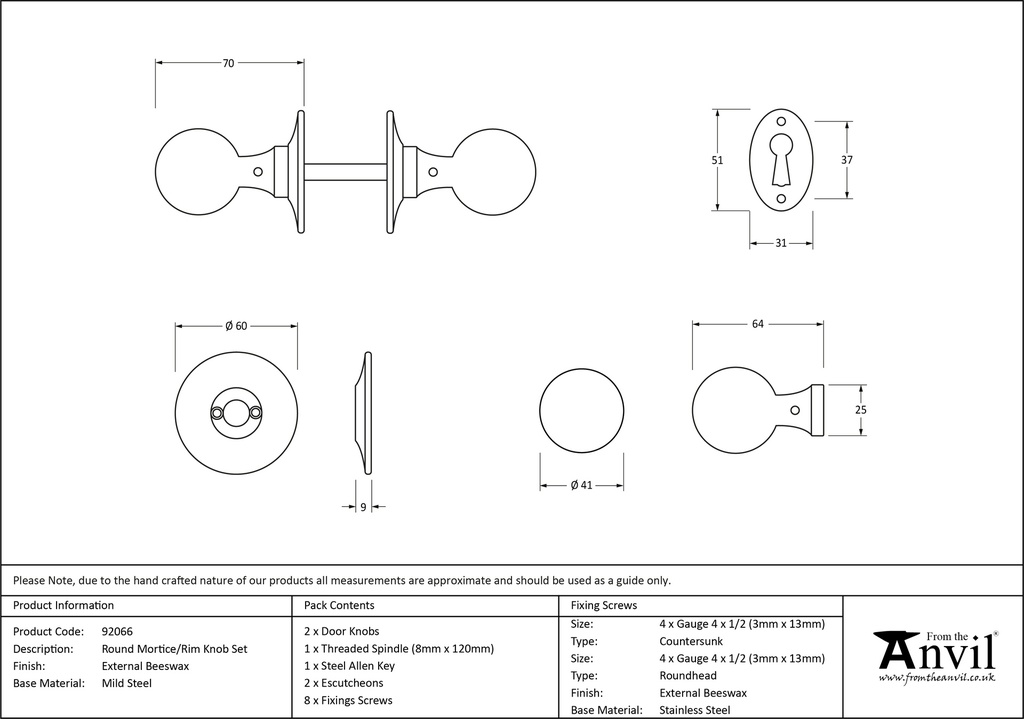 External Beeswax Round Mortice/Rim Knob Set - 92066 - Technical Drawing