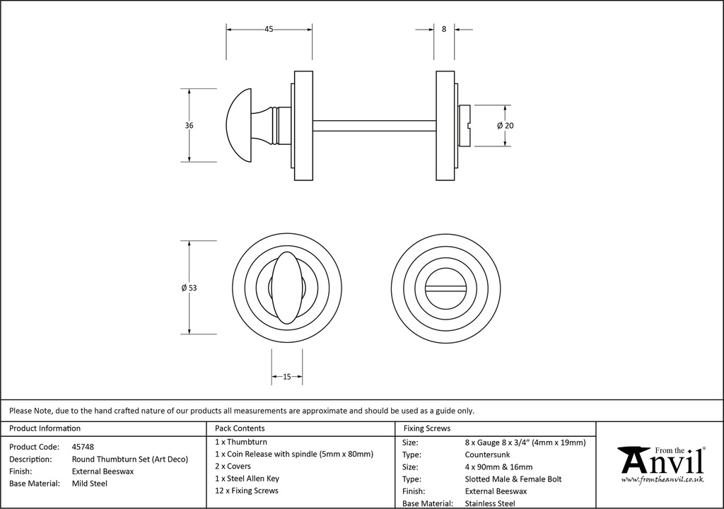 External Beeswax Round Thumbturn Set (Art Deco) - 45748 - Technical Drawing